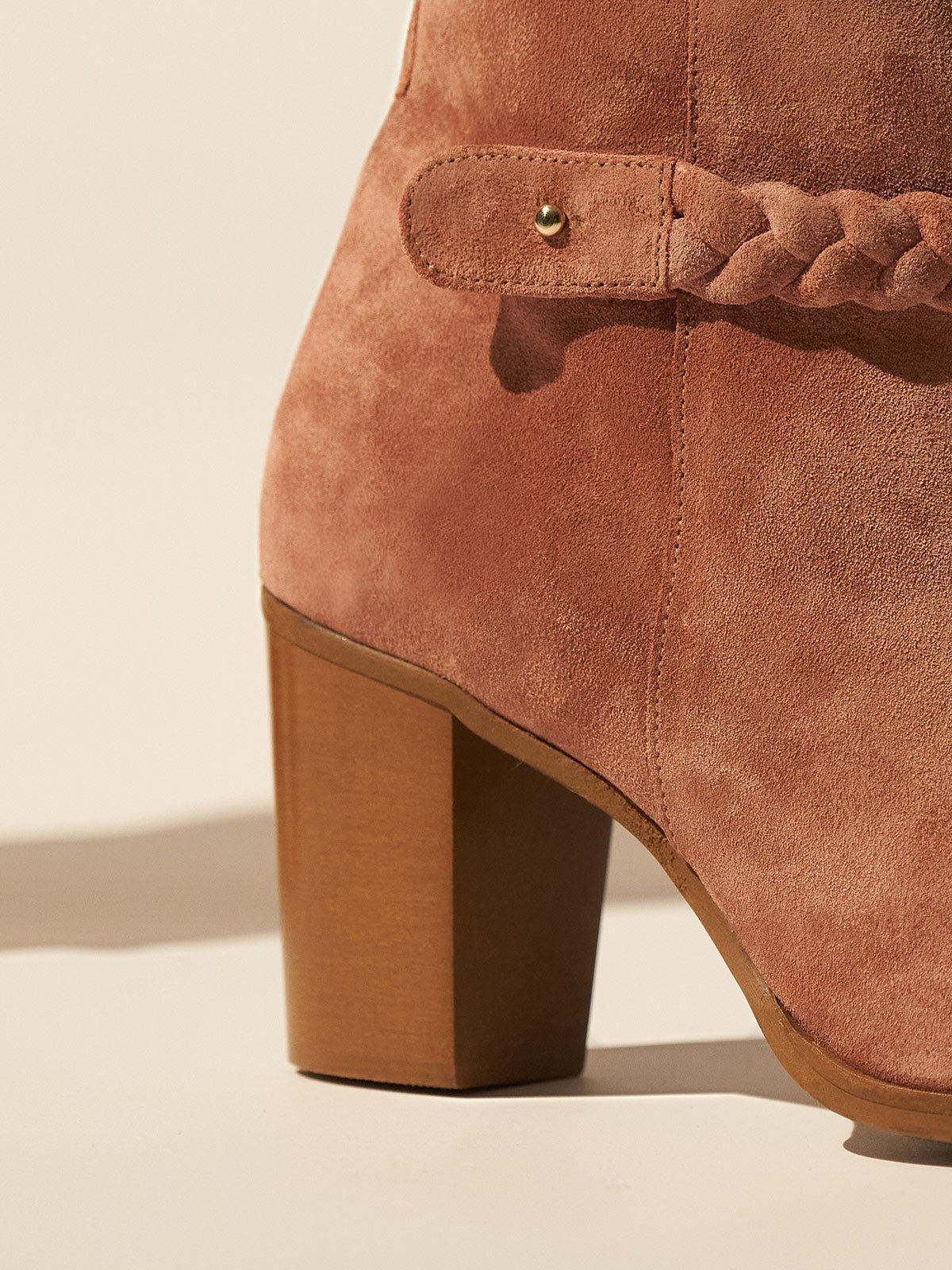 Block heel suede leather booties in dusty pink