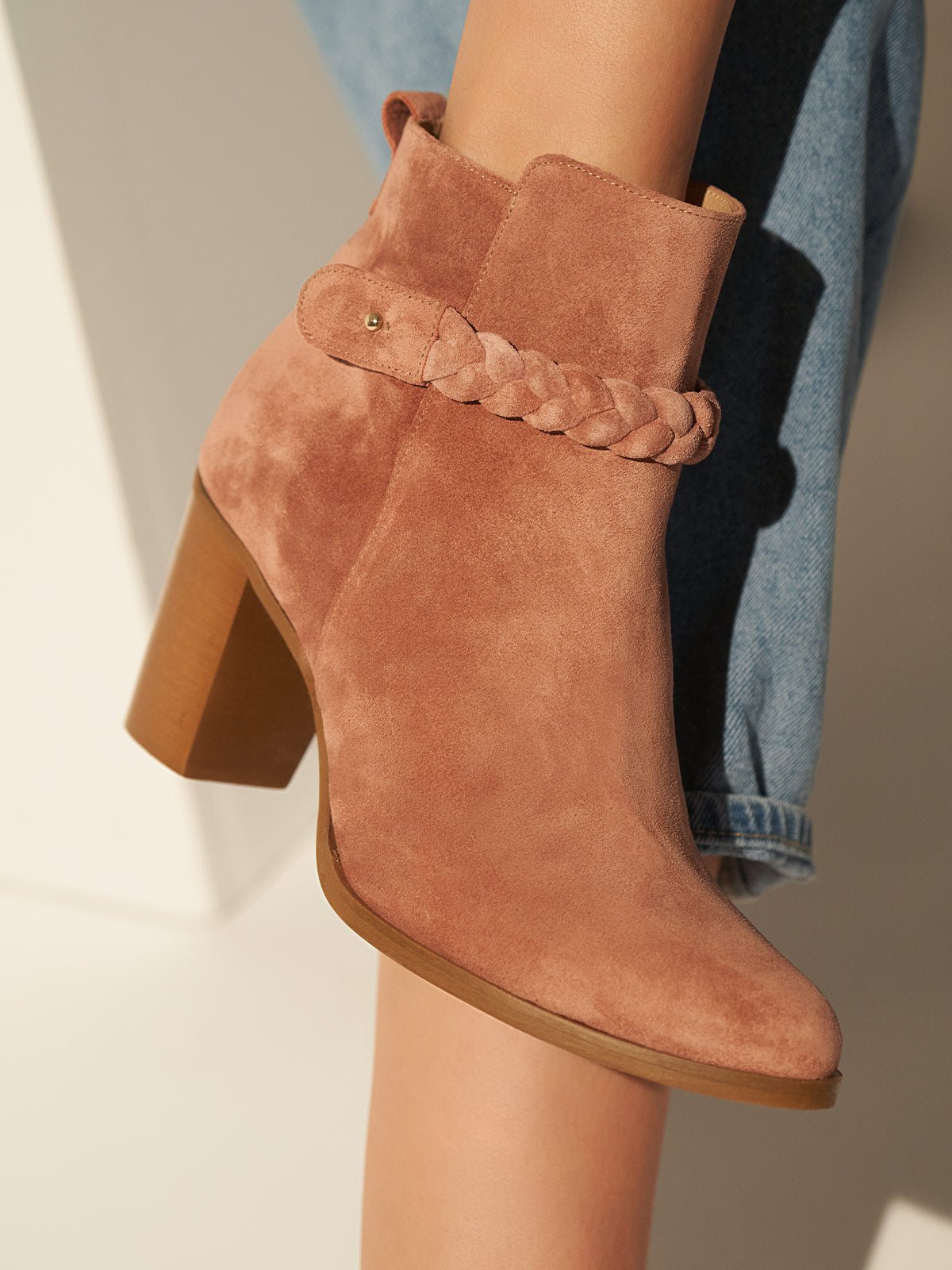 Block heel suede leather booties in dusty pink