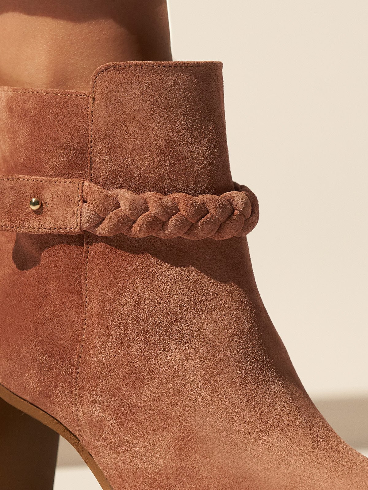 Block heel suede leather booties in dusty pink