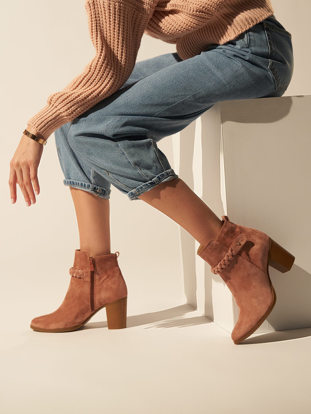 Block heel suede leather booties in dusty pink
