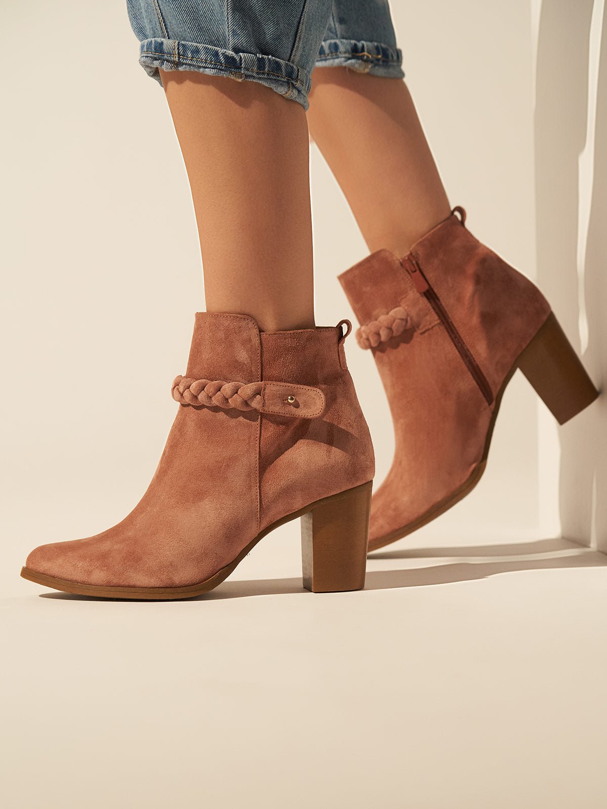 Block heel suede leather booties in dusty pink