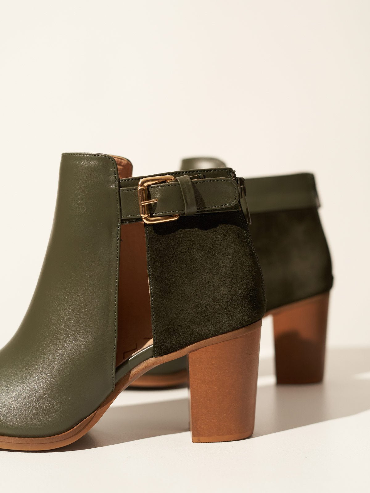 Chunky heel leather ankle boots in olive