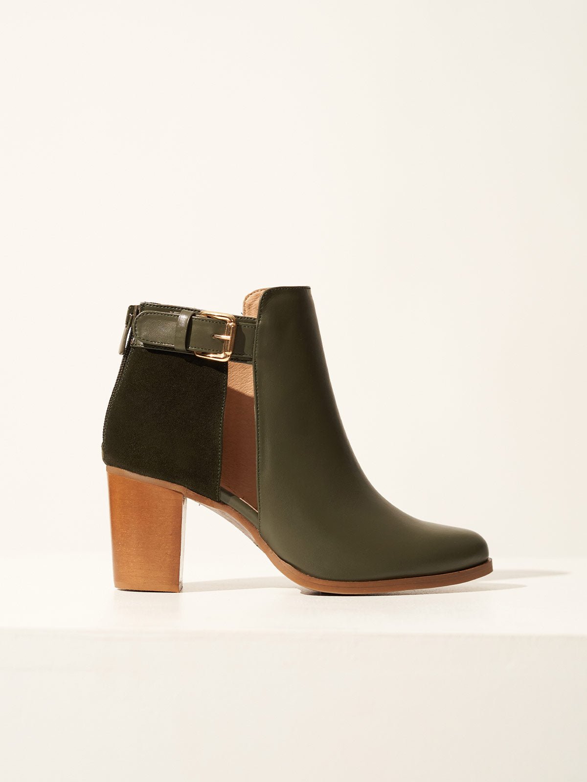Chunky heel leather ankle boots in olive