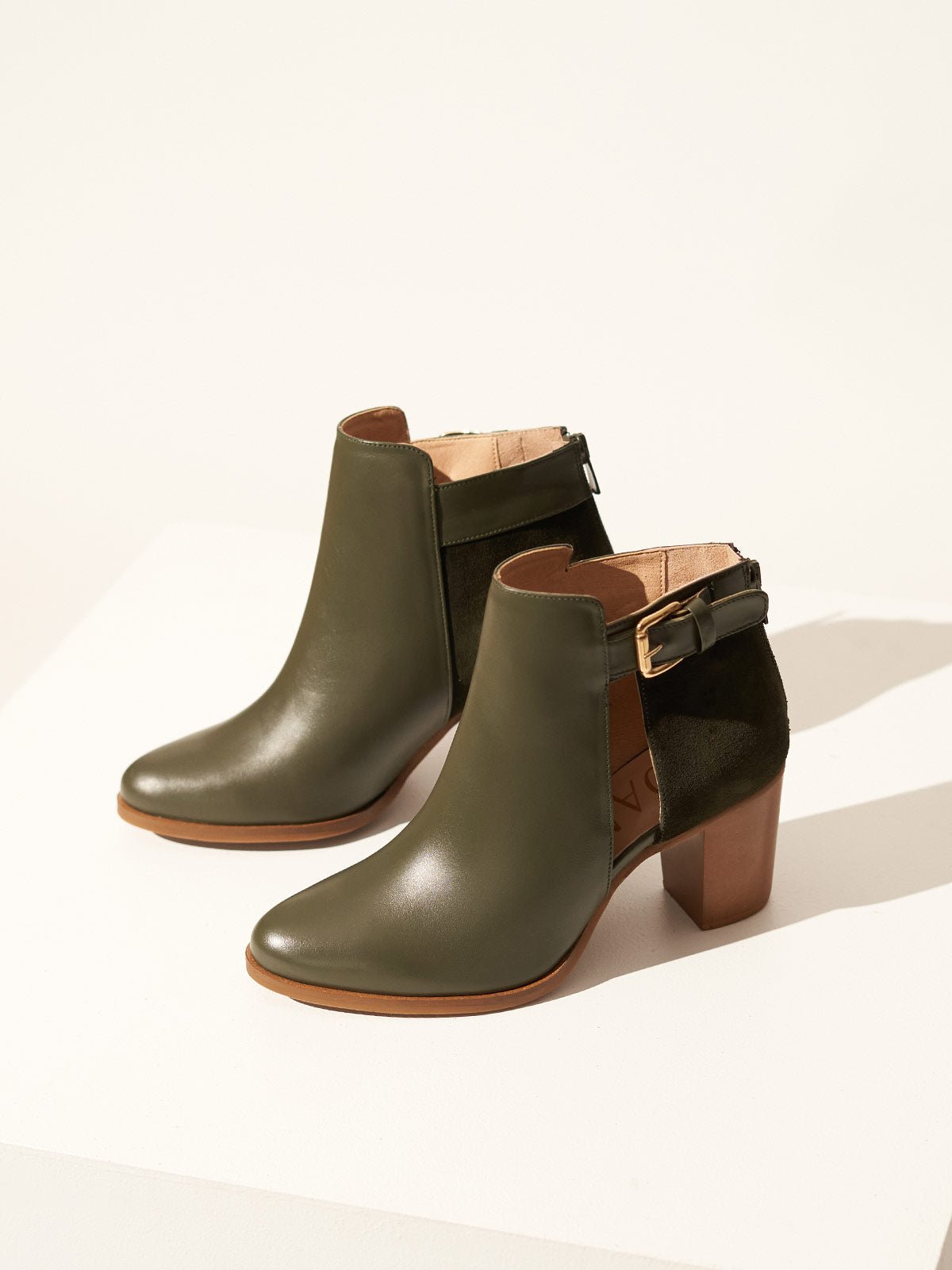 Chunky heel leather ankle boots in olive