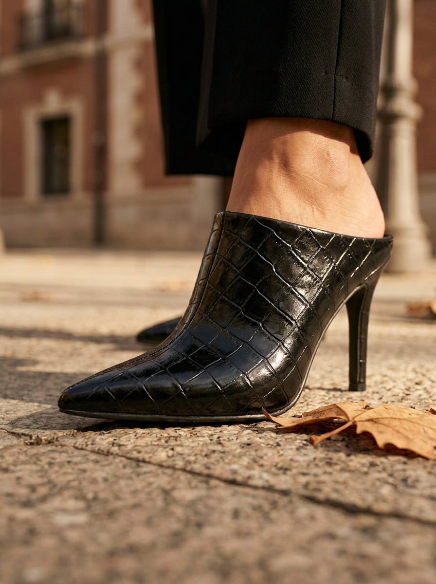 WORKSHOP Aurelie Black Croc — pointed heeled mules, black croc texture, styled product view