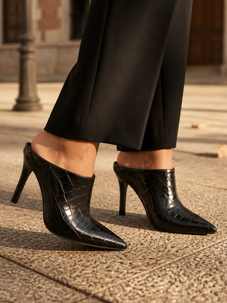 WORKSHOP Aurelie Black Croc — pointed heeled mules, black croc texture, styled product view