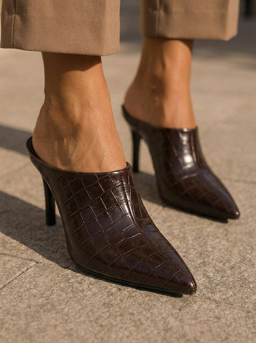 WORKSHOP Aurelie Brown Croc — pointed heeled mules, brown croc texture, styled product view
