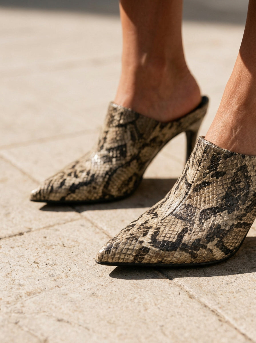 WORKSHOP Aurelie Snake — pointed heeled mules, snake print, styled product view
