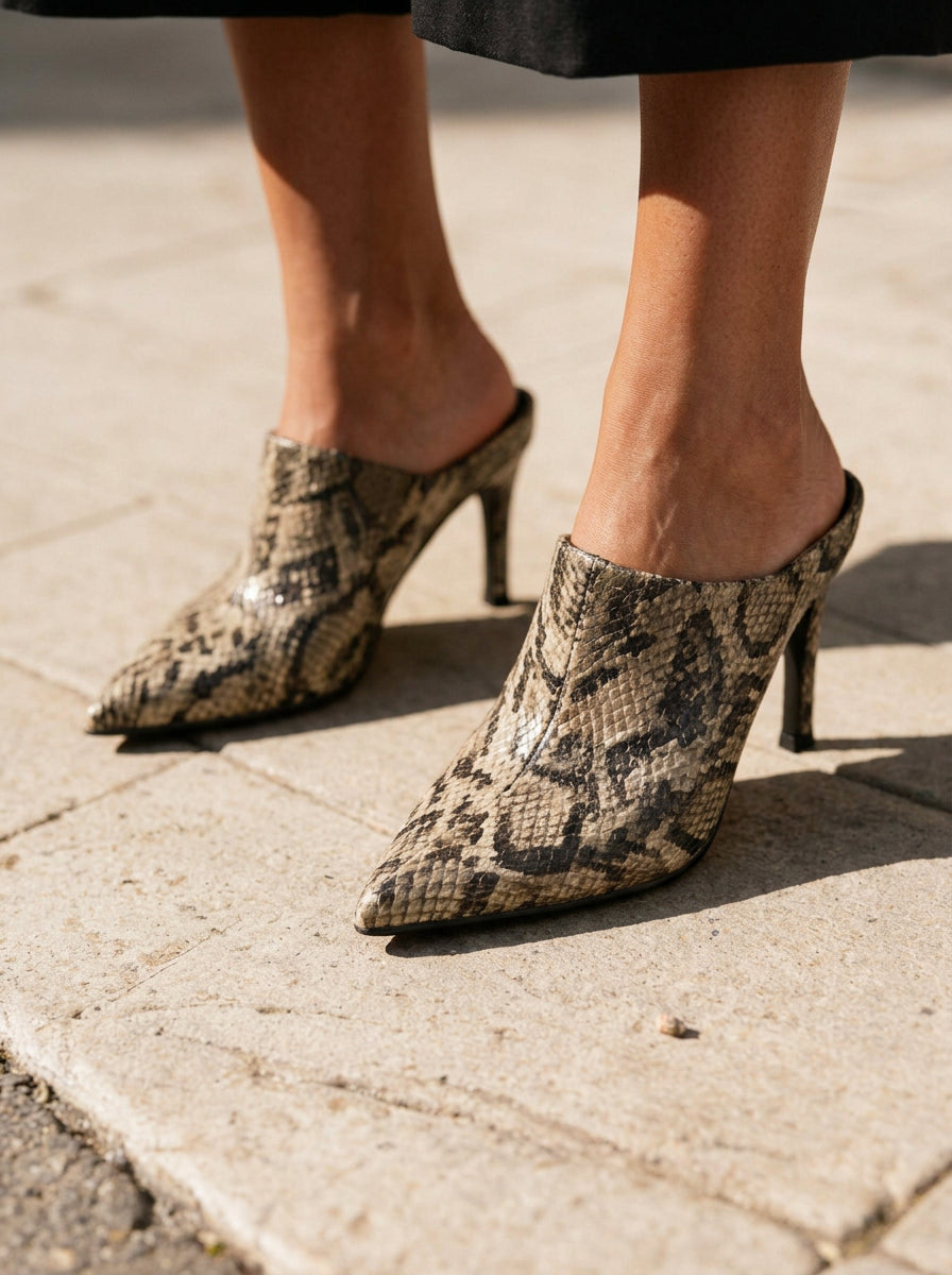 WORKSHOP Aurelie Snake — pointed heeled mules, snake print, styled product view