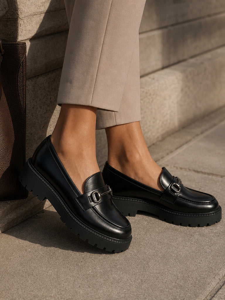 WORKSHOP Aveline Black — chunky loafers, silver-tone oval-link ornament, styled product view