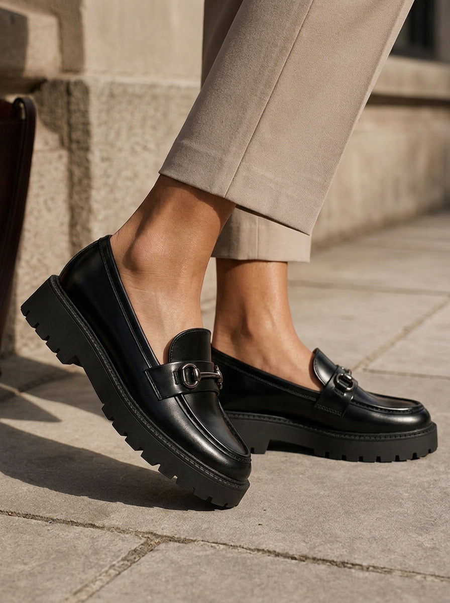 WORKSHOP Aveline Black — chunky loafers, silver-tone oval-link ornament, styled product view
