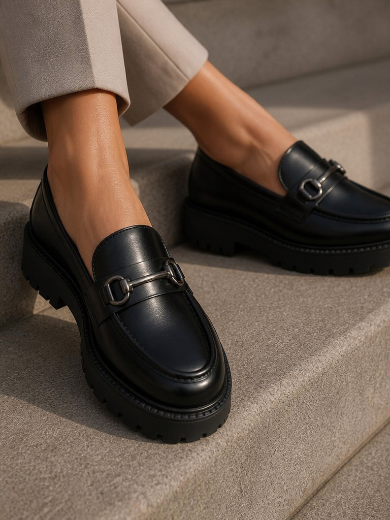 WORKSHOP Aveline Black — chunky loafers, silver-tone oval-link ornament, styled product view