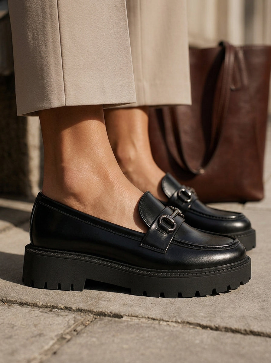 WORKSHOP Aveline Black — chunky loafers, silver-tone oval-link ornament, styled product view