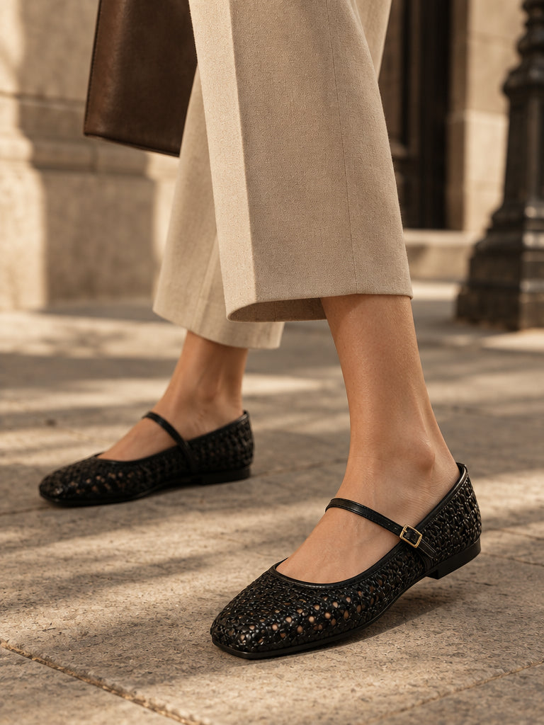WORKSHOP Delphine Black — floral openwork mary jane flats