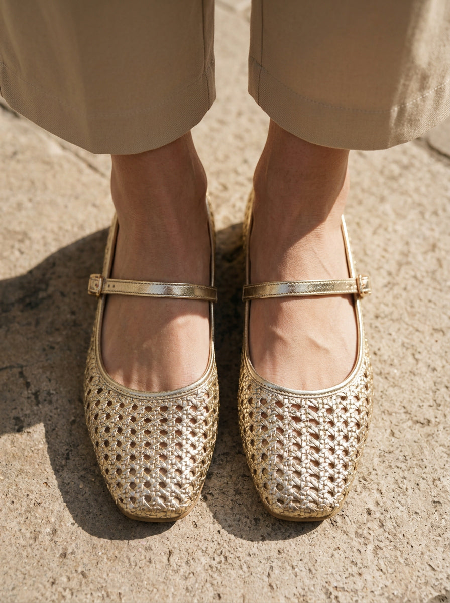 WORKSHOP Delphine Gold — gold-tone perforated mary jane flats