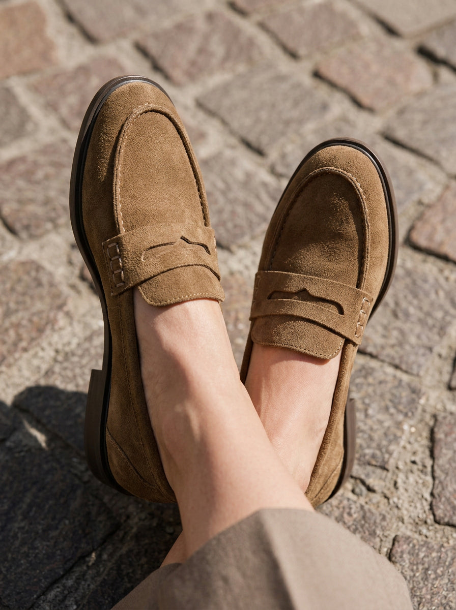 WORKSHOP Isadora Camel — camel suede-texture penny loafers
