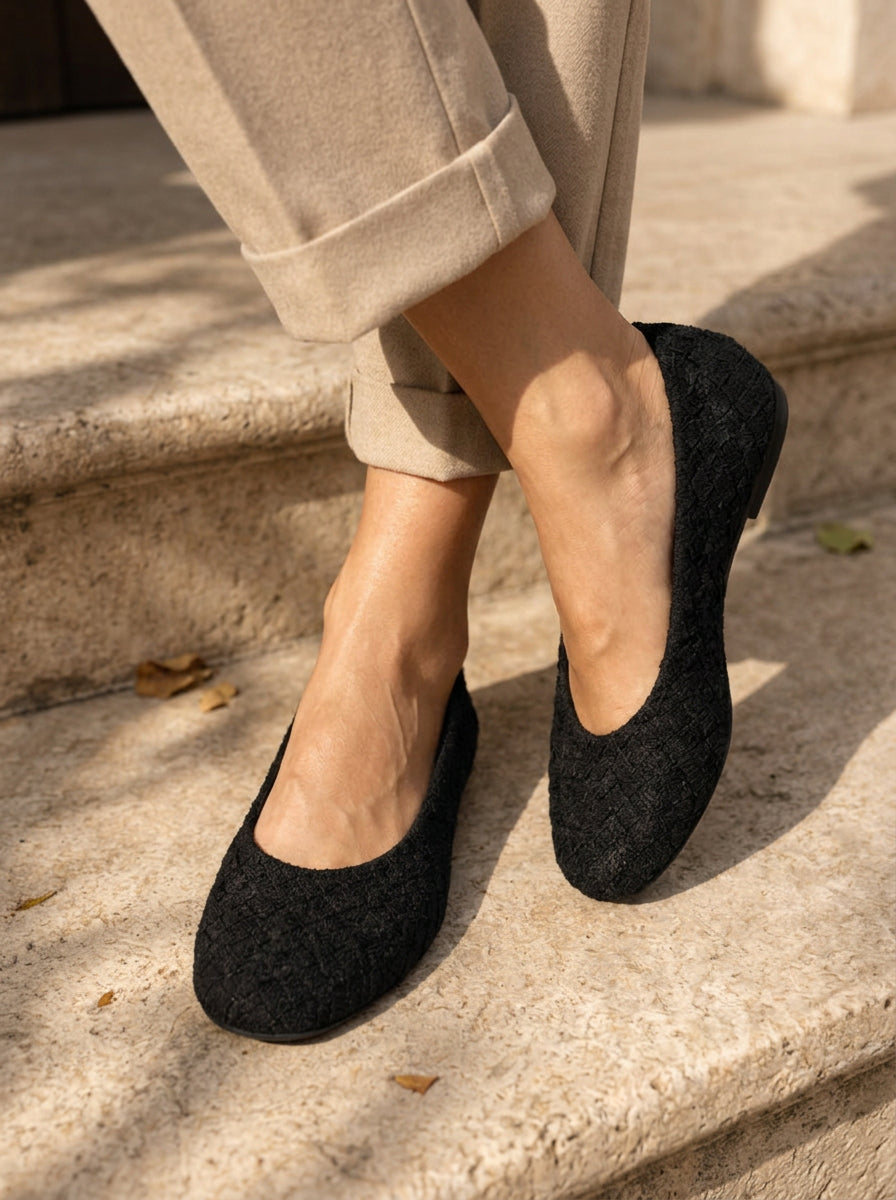 WORKSHOP Juniper Black — black woven-texture ballet flats