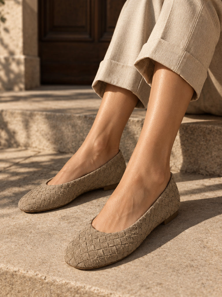 WORKSHOP Juniper Taupe — taupe woven-texture ballet flats