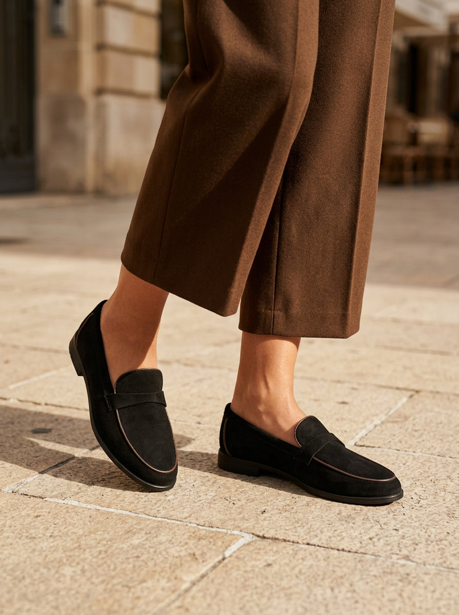 WORKSHOP Leonie Black — suede-texture penny loafers, contrasting tan piping, styled product view