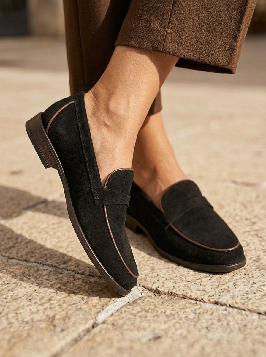WORKSHOP Leonie Black — suede-texture penny loafers, contrasting tan piping, styled product view