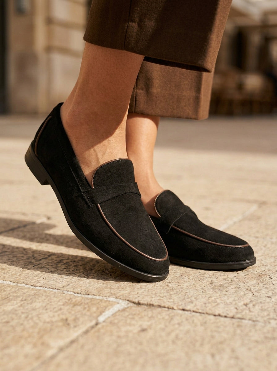 WORKSHOP Leonie Black — suede-texture penny loafers, contrasting tan piping, styled product view