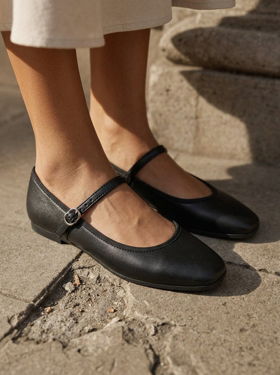 WORKSHOP Rosalie Black — round-toe mary jane flats, slim strap, styled product view