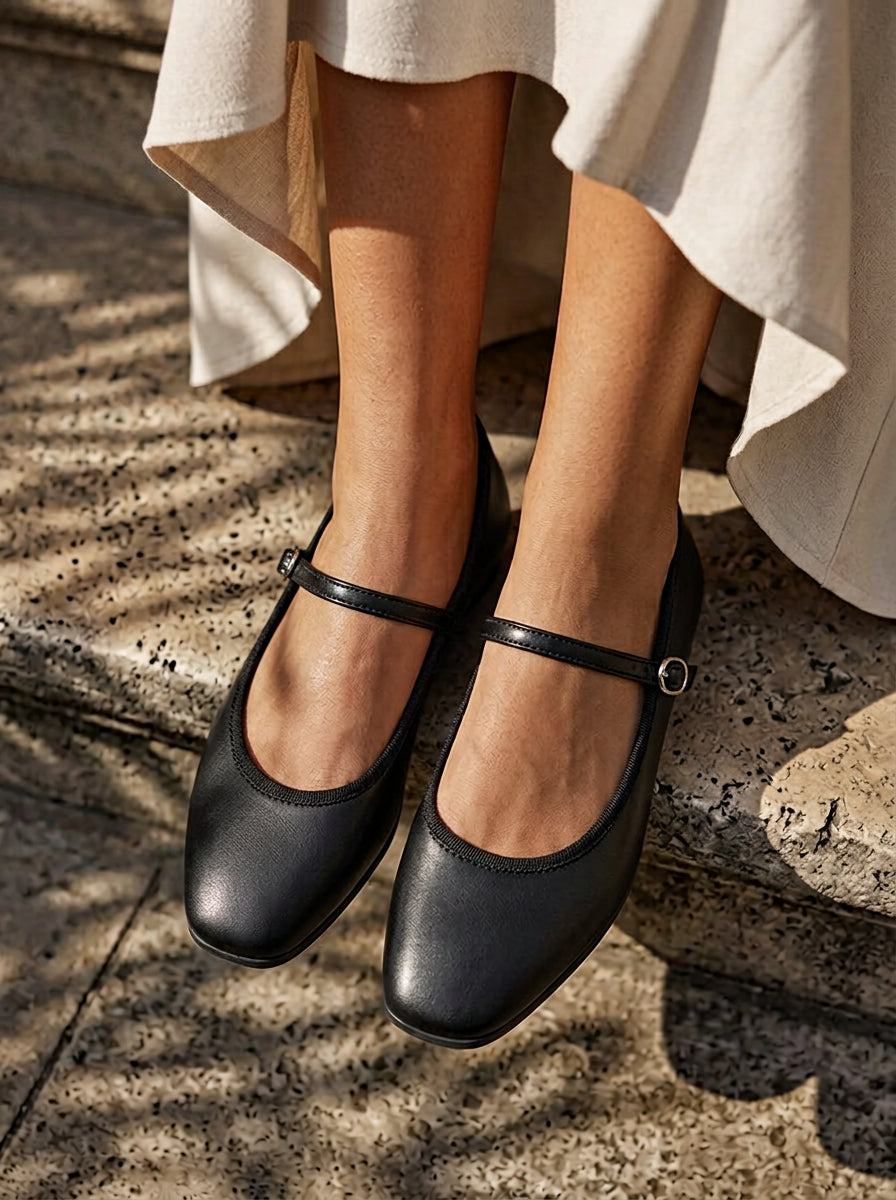 WORKSHOP Rosalie Black — round-toe mary jane flats, slim strap, styled product view