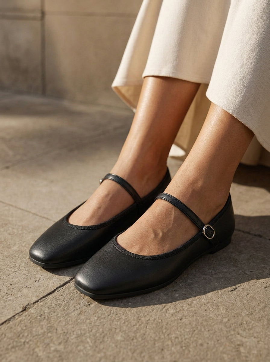 WORKSHOP Rosalie Black — round-toe mary jane flats, slim strap, styled product view