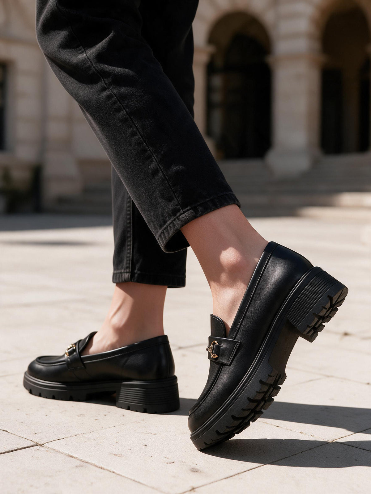 WORKSHOP Sabine Black — chunky loafers, gold-tone horsebit with wrapped central bar, styled product view