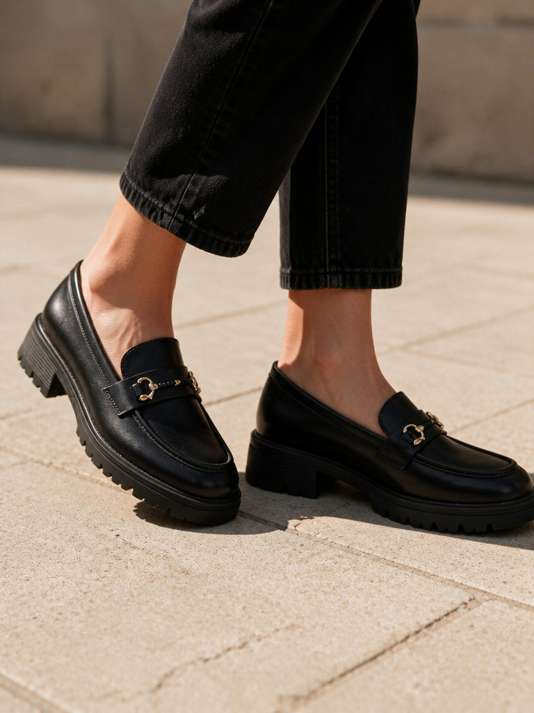 WORKSHOP Sabine Black — chunky loafers, gold-tone horsebit with wrapped central bar, styled product view