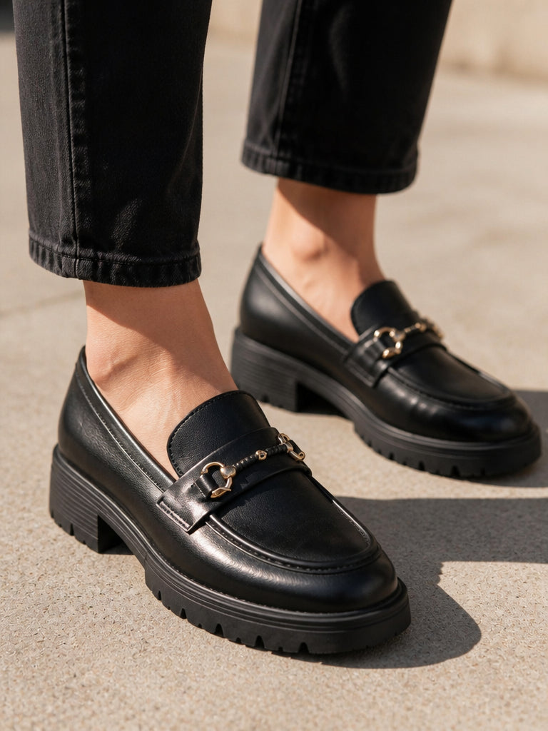 WORKSHOP Sabine Black — chunky loafers, gold-tone horsebit with wrapped central bar, styled product view