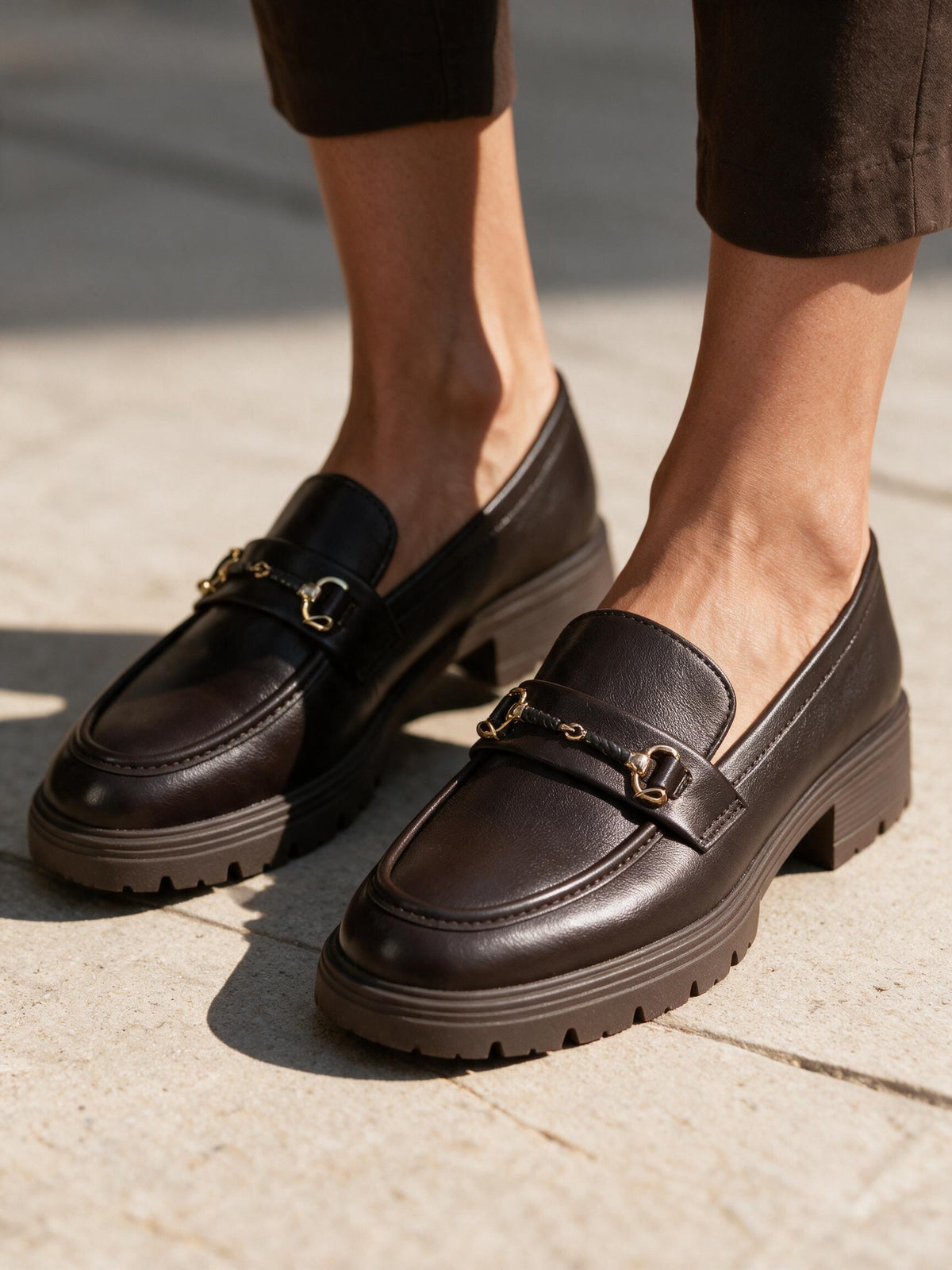 WORKSHOP Sabine Brown — chunky loafers, gold-tone horsebit with wrapped central bar, styled product view