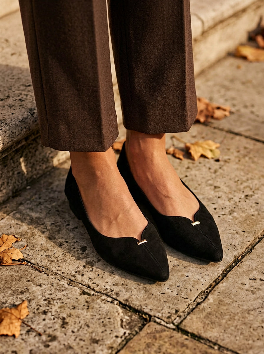 WORKSHOP Vivienne Black — pointed suede-texture flats, v-cut and small metal detail, styled product view