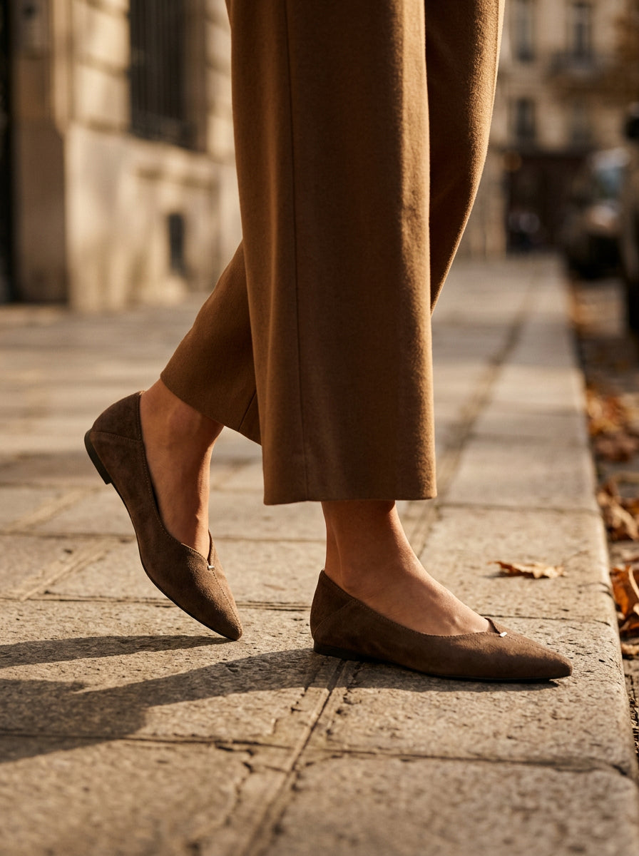 WORKSHOP Vivienne Brown — pointed suede-texture flats, v-cut and small metal detail, styled product view