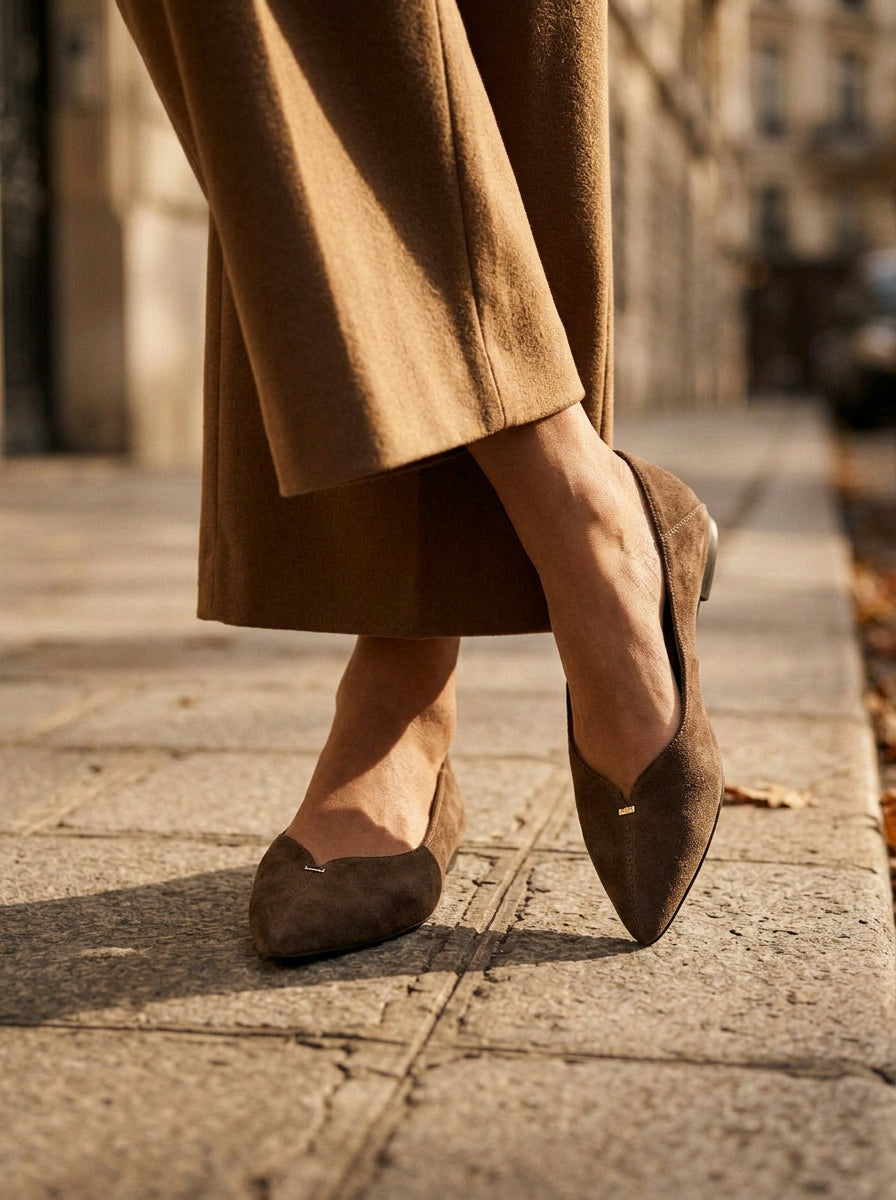 WORKSHOP Vivienne Brown — pointed suede-texture flats, v-cut and small metal detail, styled product view