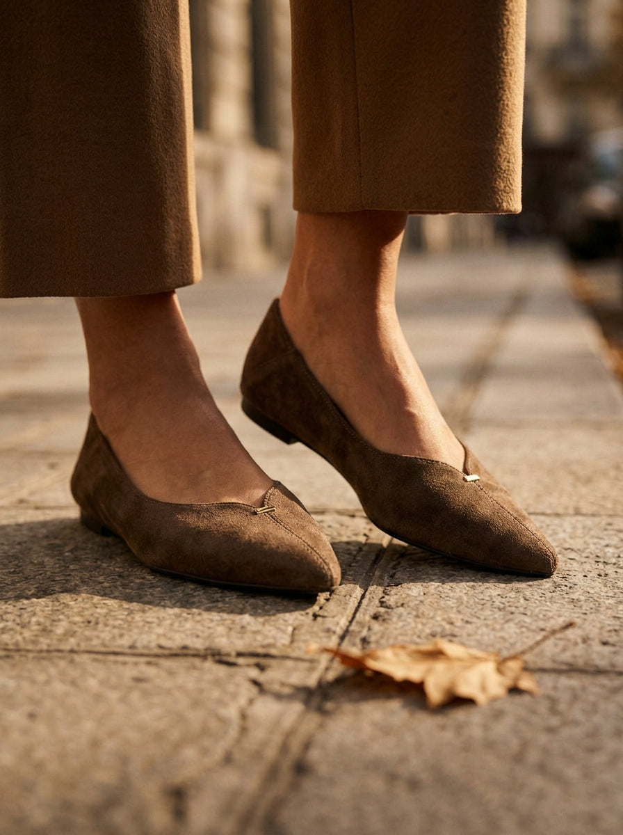 WORKSHOP Vivienne Brown — pointed suede-texture flats, v-cut and small metal detail, styled product view